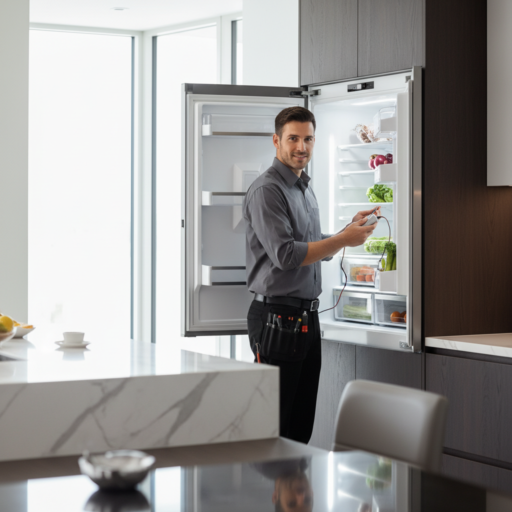 Technician inspecting a built-in refrigerator in a luxury kitchen